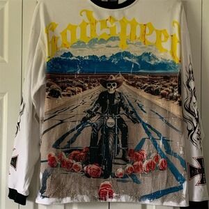 Godspeed Men's‎ Long Sleeve T-Shirt Skeleton Motorcycle Graphic White S